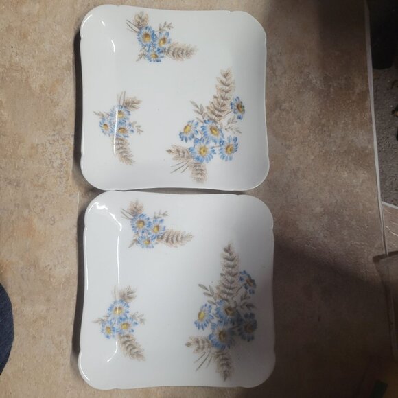 Vintage CH Field Square Porcelain Plates With Blue Floral Design & Scalloped Edg - Picture 1 of 5